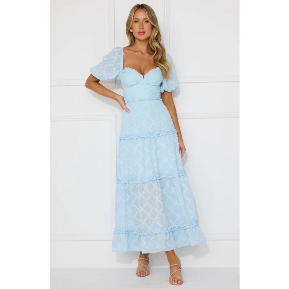 NWT Women's Hello Molly Dress Show My Love Puff Sleeve Maxi Light Blue US 8